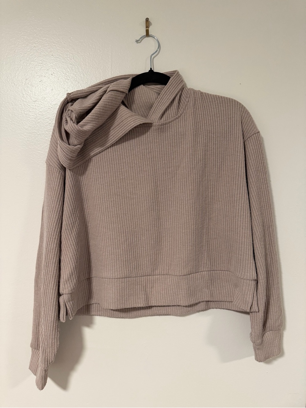 Zenana Outfitters Cropped Ribbed Cowl Neck Sweater in Taupe